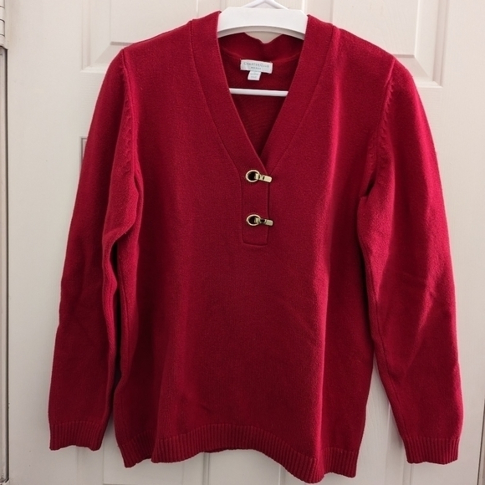 Charter Club Red Women's Sweater V Neck  Gold Grommet And Clasp Closures Size XL - Picture 9 of 9